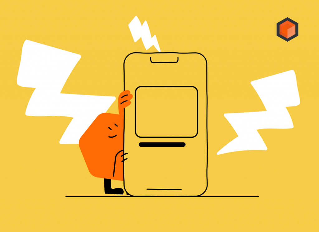Illustration of a hexagon character beside a large phone showing a post with one short caption line