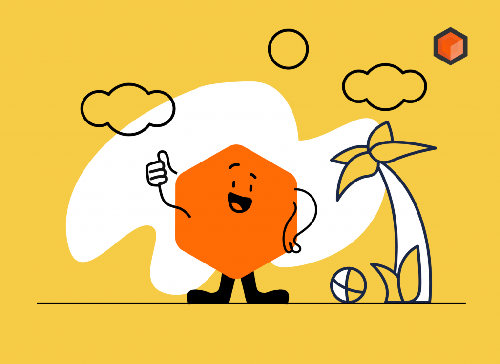 Illustration of an orange hexagon character giving a thumbs up on a beach with a palm tree, ball, sun and clouds