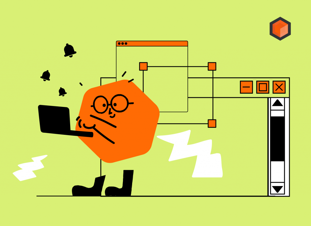 Illustration of an orange character at a laptop surrounded by notification bells and open app windows