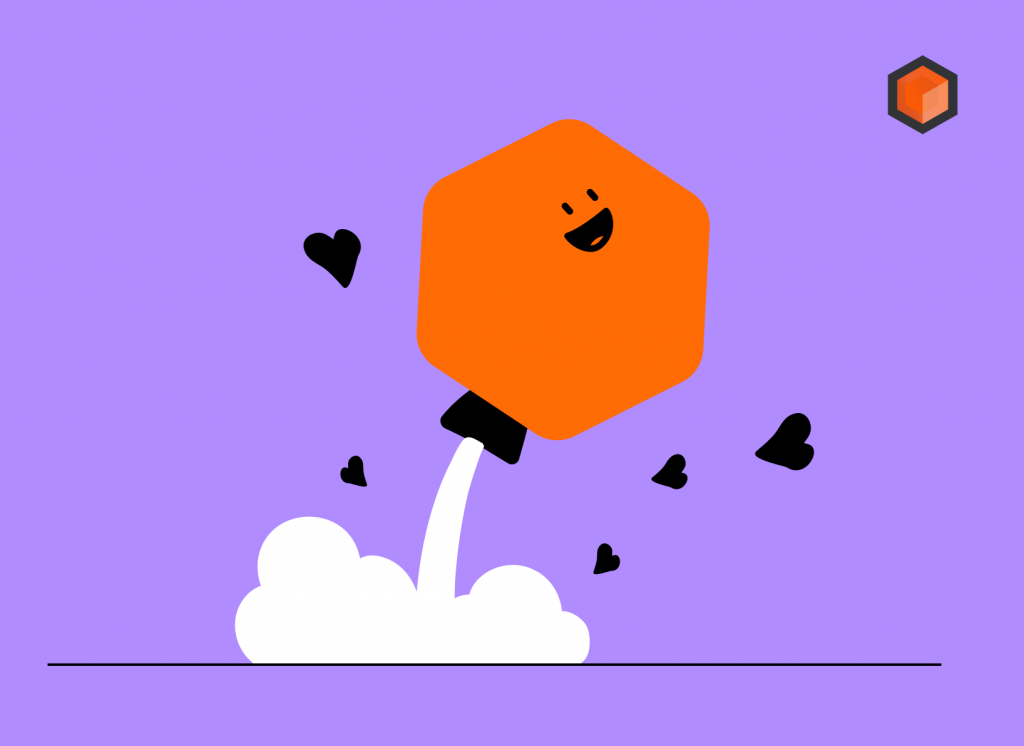 Illustration of an orange hexagon character blasting off from a puff of smoke, surrounded by floating hearts