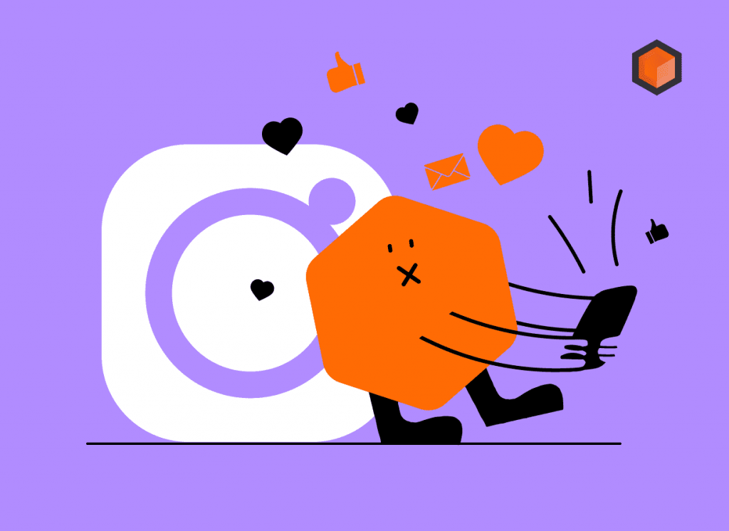 Illustration of a cartoon character dashing past the Instagram logo trailed by heart, like and message icons
