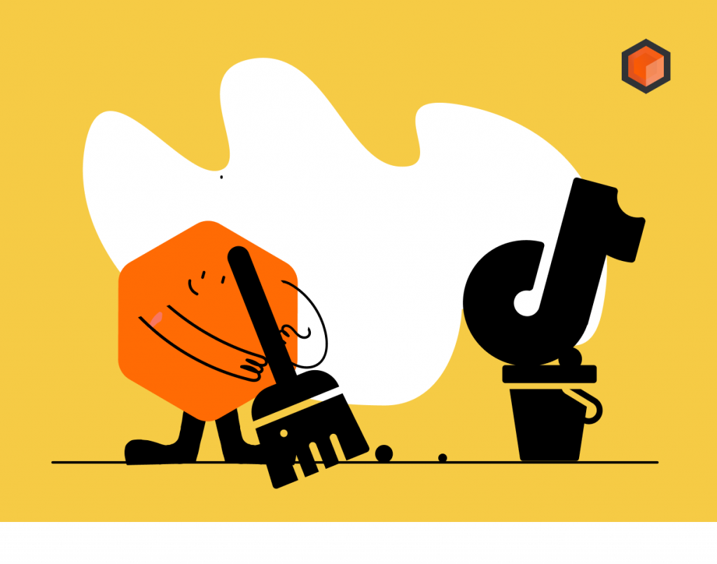 Illustration of an orange hexagon mascot sweeping a white splash away beside the TikTok note logo in a bucket