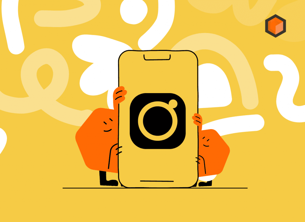 Illustration of two orange characters peeking out from behind a large phone showing an Instagram-style camera icon