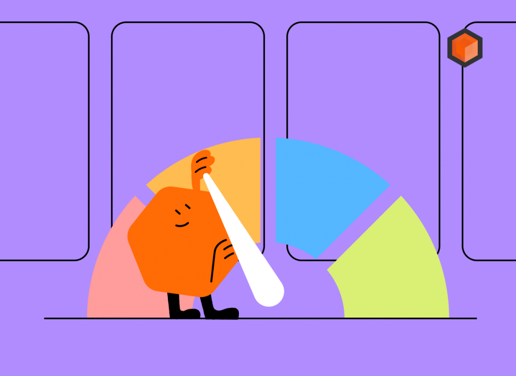Illustration of a cartoon character turning the white needle of a gauge with coloured quality bands