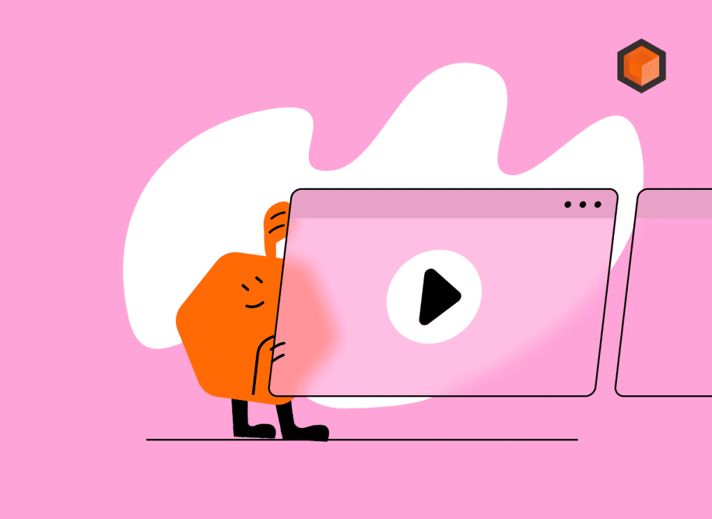 Illustration of an orange hexagon character leaning out from behind a browser window playing a video