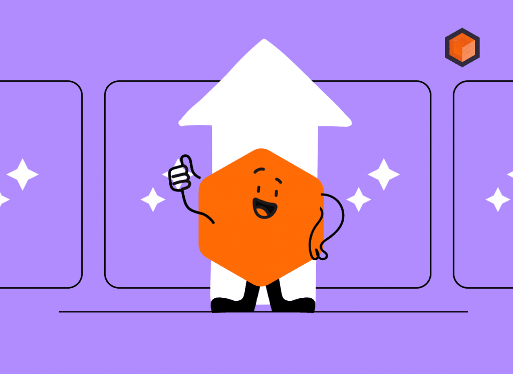 Orange hexagon mascot giving a thumbs-up in front of a big white upward arrow