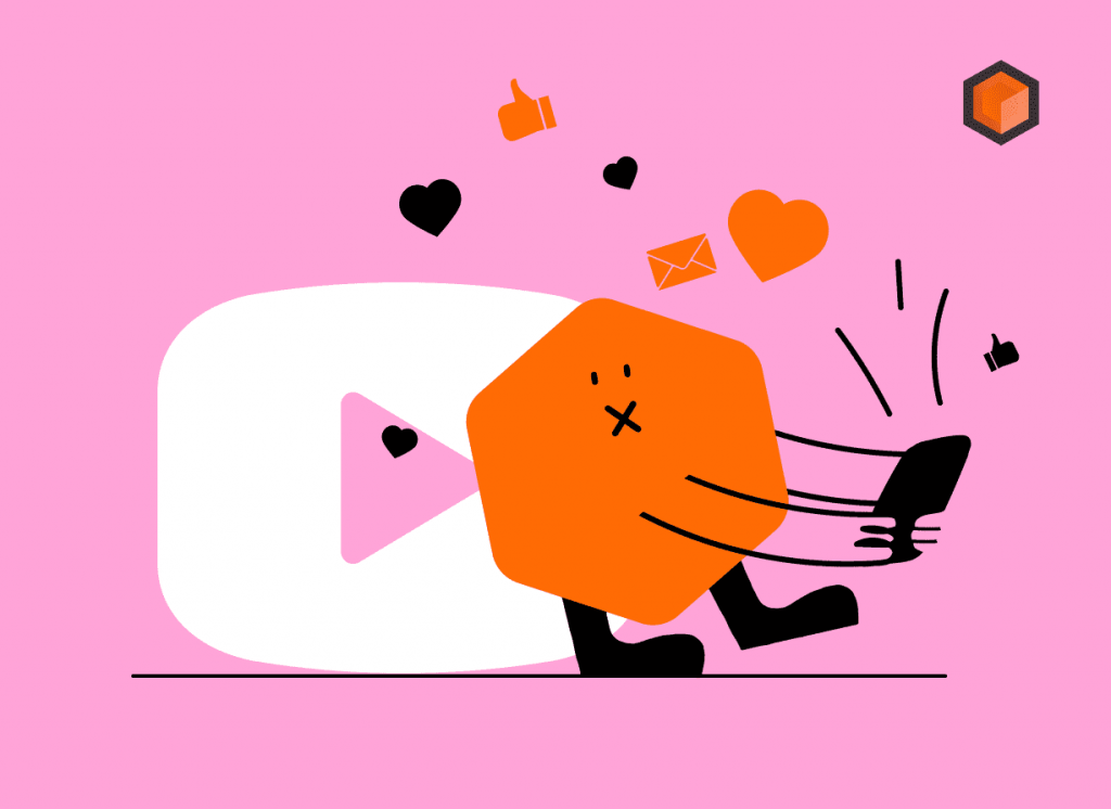 Orange hexagon mascot sprinting past a YouTube play button as hearts, thumbs-ups and mail fly up