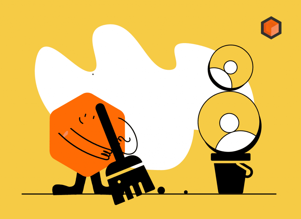 Orange hexagon mascot sweeping a floor clean next to two profile-photo icons stacked on a bucket