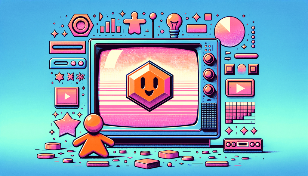 Retro TV playing a smiling orange hexagon, watched by a small orange figure amid pink interface icons