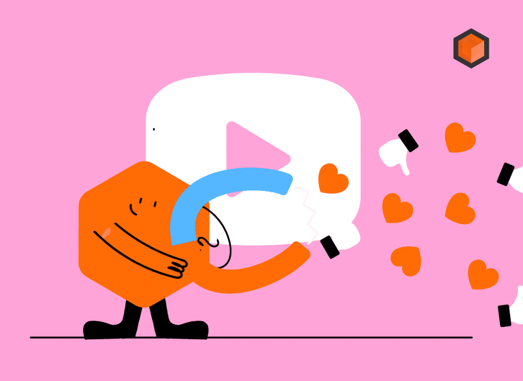 Orange hexagon mascot holding a horseshoe magnet pulling hearts and thumbs toward a YouTube play button