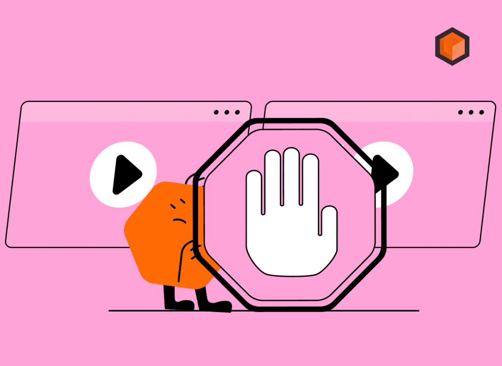 Illustration of a hexagon mascot behind a stop sign with a raised hand, blocking two browser windows playing video