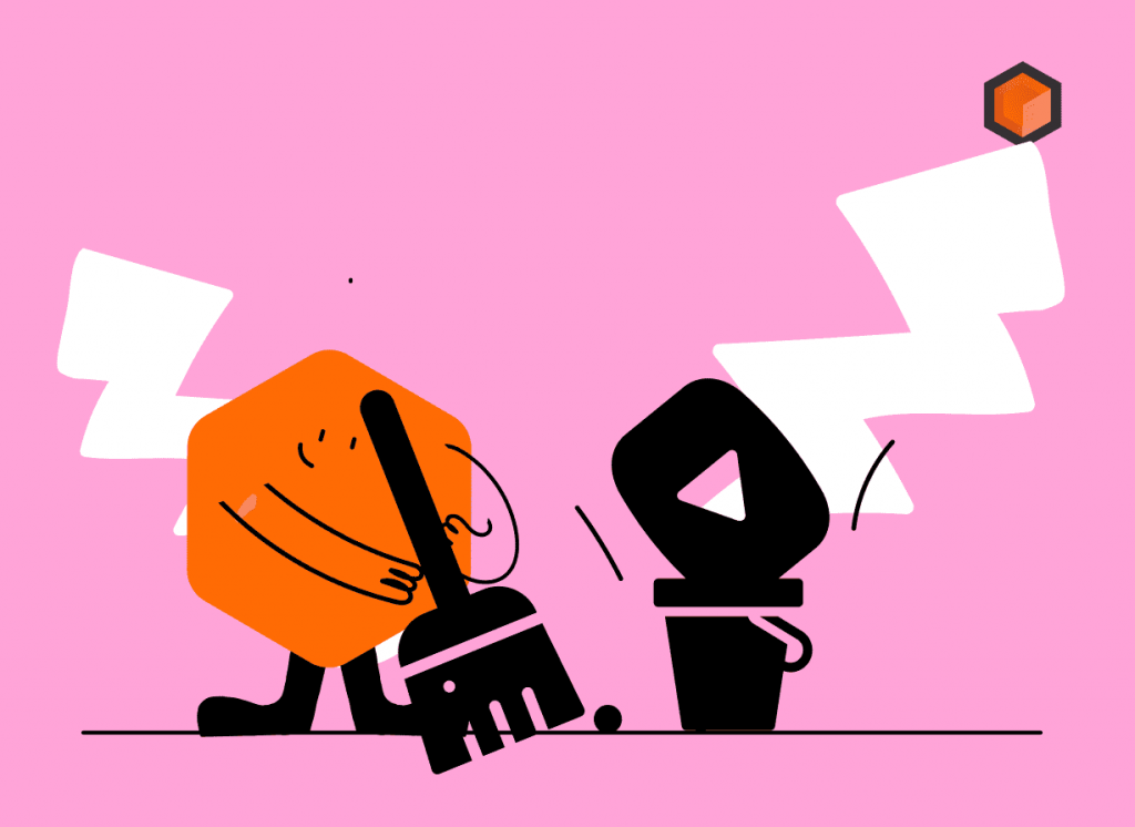 Illustration of a hexagon character sweeping a YouTube play-button icon into a dustpan with a broom