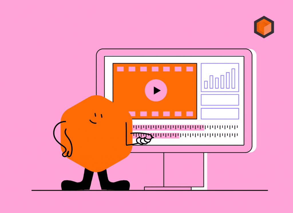 Illustration of a mascot at a monitor showing a video editing timeline with film strip, clips and audio waveform