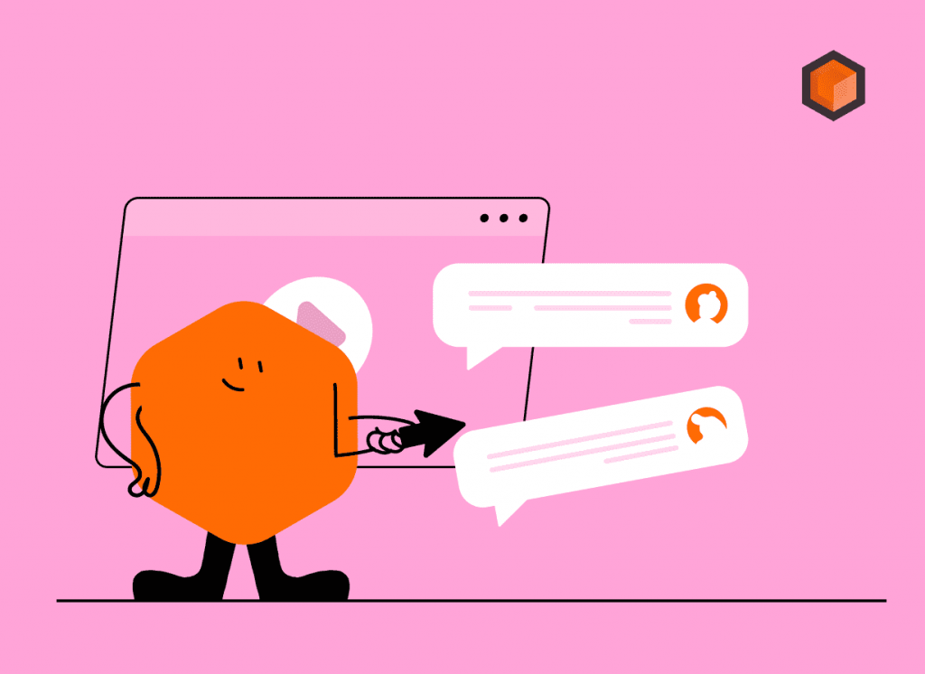 Illustration of a mascot pointing at two comment bubbles with user avatars in front of a browser window