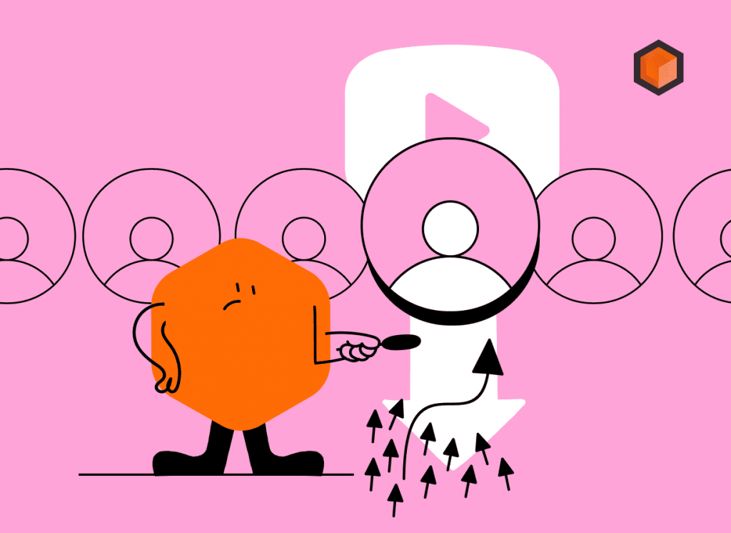 Illustration of a hexagon character holding a magnifier over one subscriber icon beside a YouTube play button