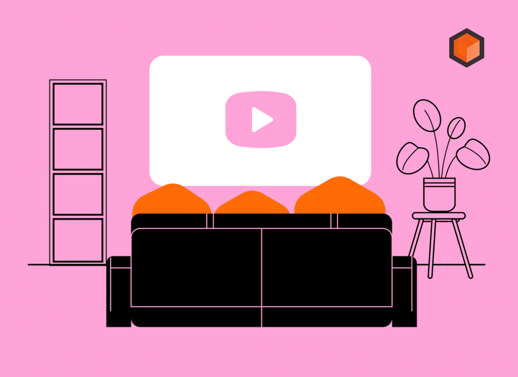 Illustration of a living room sofa facing a wall-mounted TV showing the YouTube play logo