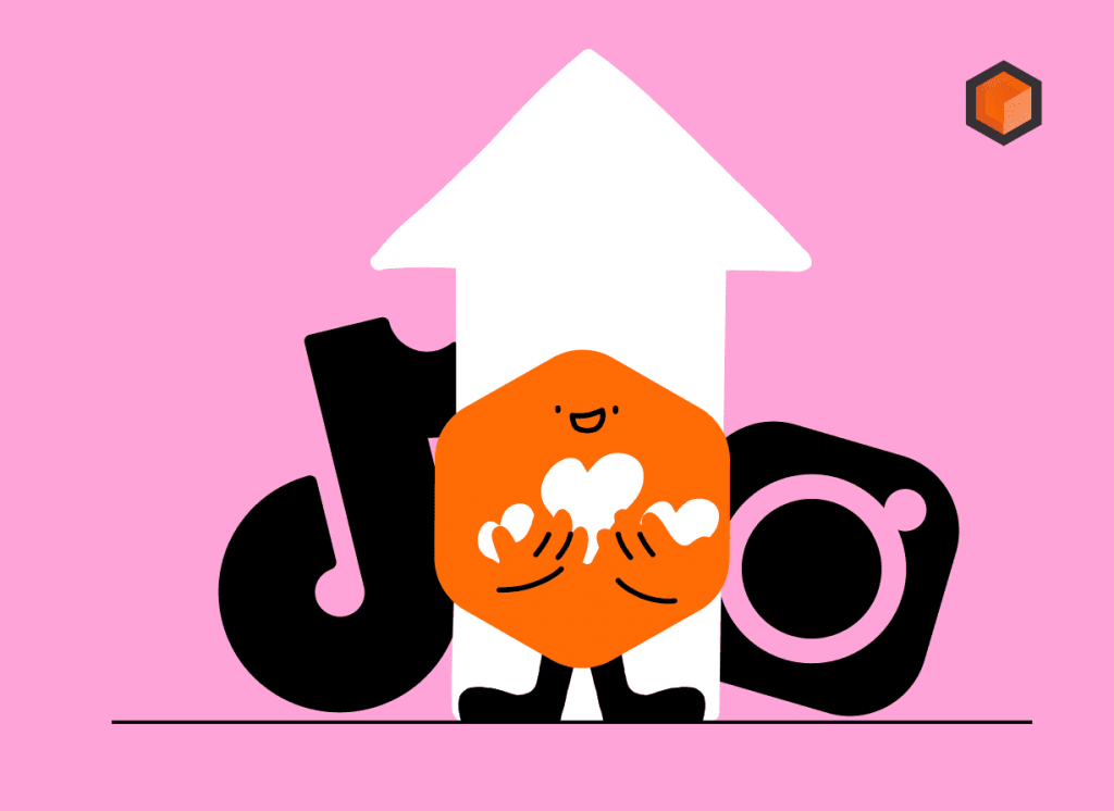 Illustration of a hexagon character holding hearts between a TikTok note and an Instagram camera, arrow rising