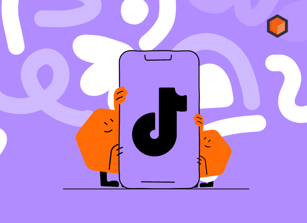 Illustration of two hexagon mascots peeking out from behind a giant phone showing the TikTok logo