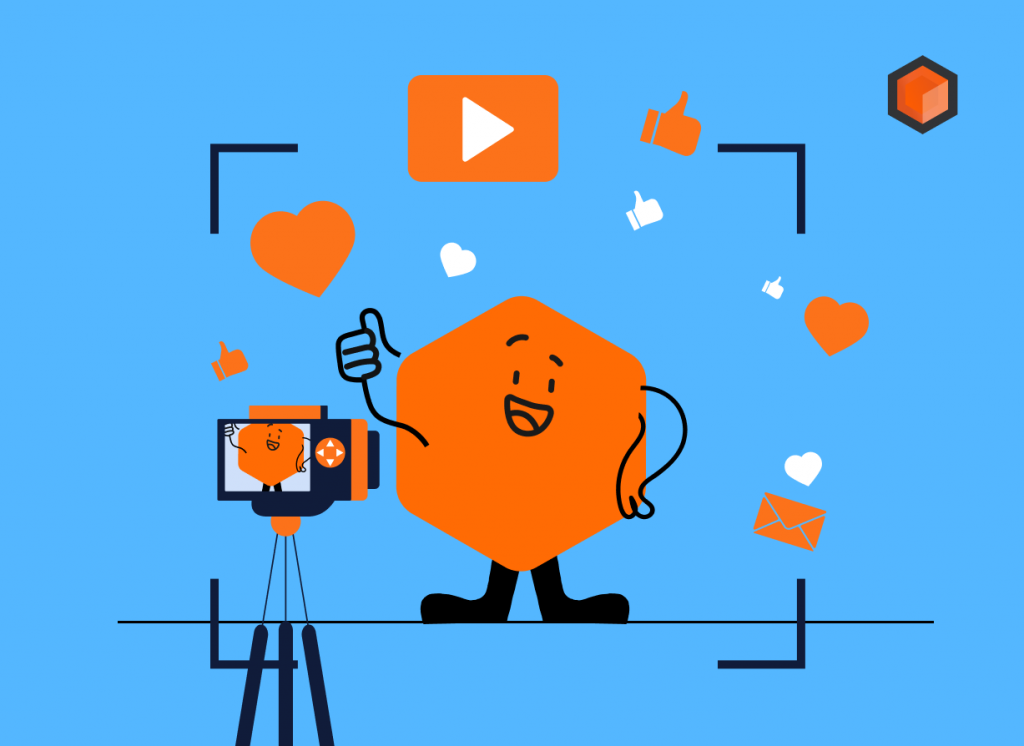 Illustration of a hexagon mascot filming itself on a tripod camera, with play, heart and thumbs-up icons