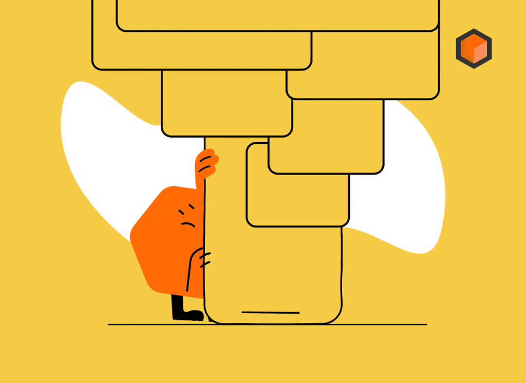 Illustration of a frowning hexagon character squeezed aside by a stack of blank feed post cards