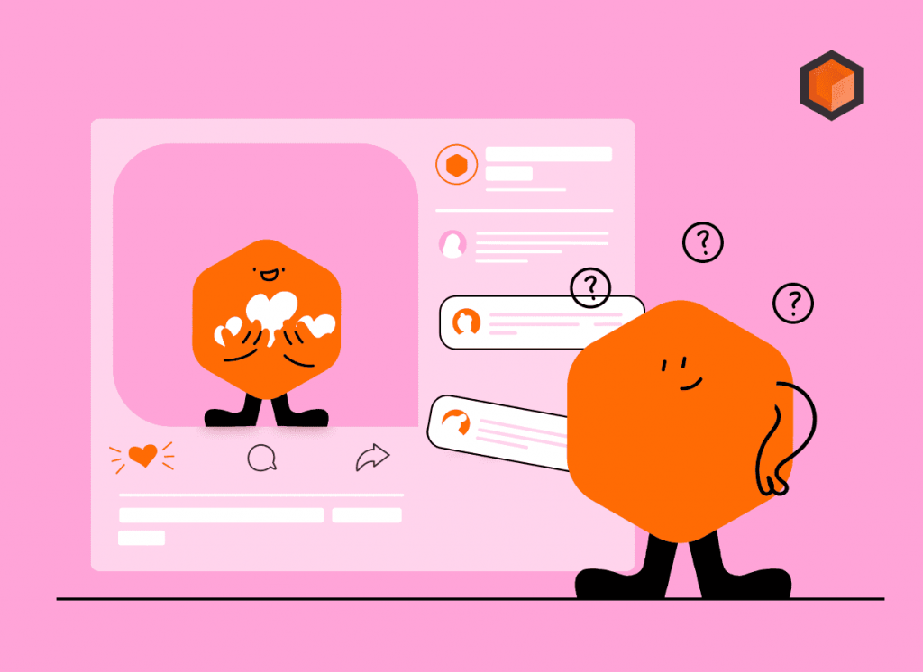 Illustration of a hexagon mascot beside a social post mockup whose comment feed raises question marks