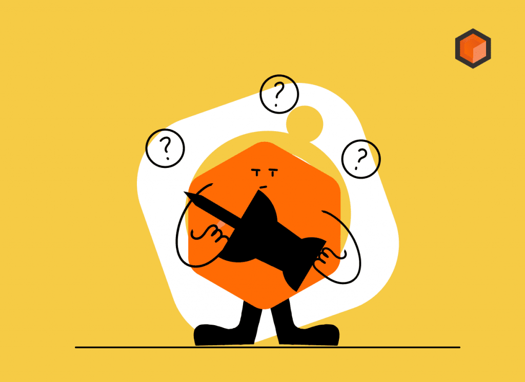 Illustration of an orange mascot holding a large pushpin in front of an Instagram icon, question marks around it