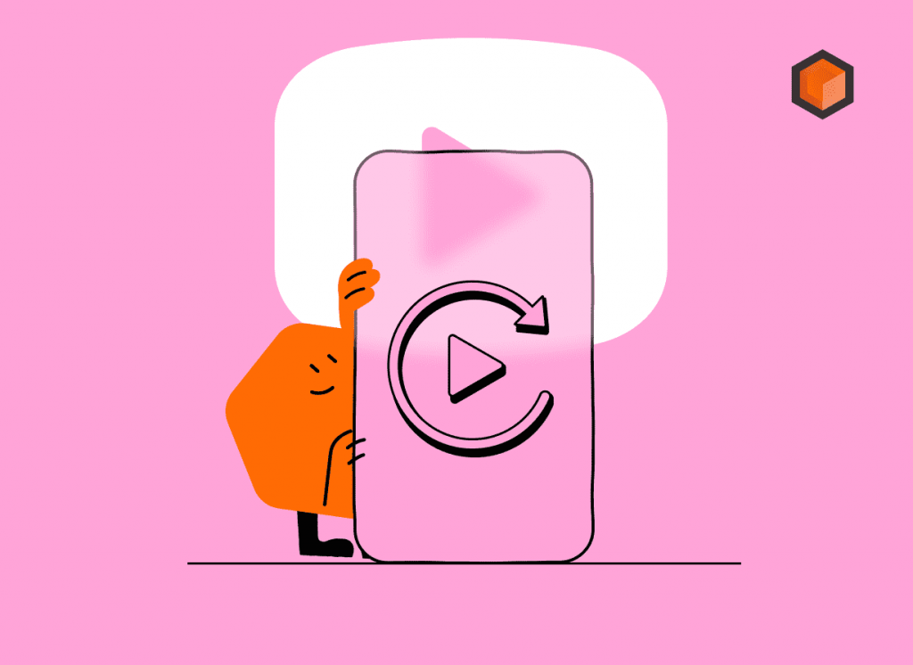 Illustration of a cartoon character beside a phone showing a play button circled by a loop arrow