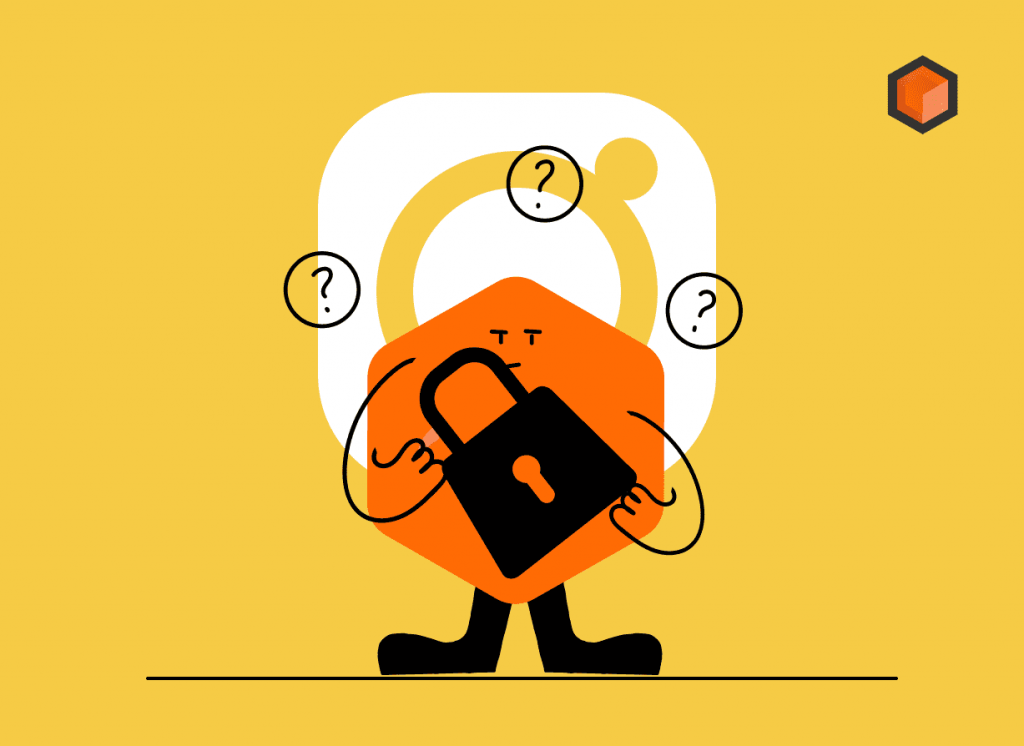 Illustration of an orange character clutching a padlock in front of the Instagram camera icon, ringed by question marks