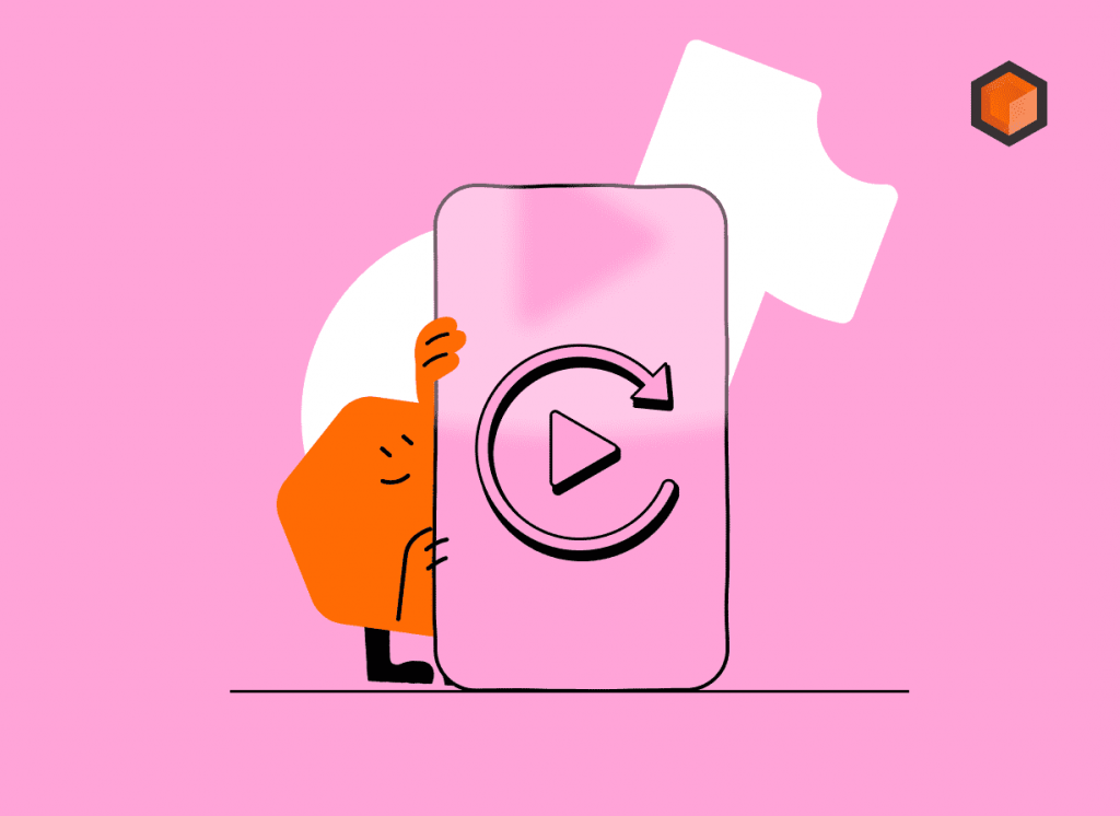 Illustration of a mascot peeking from behind a phone that shows a play button inside a replay arrow