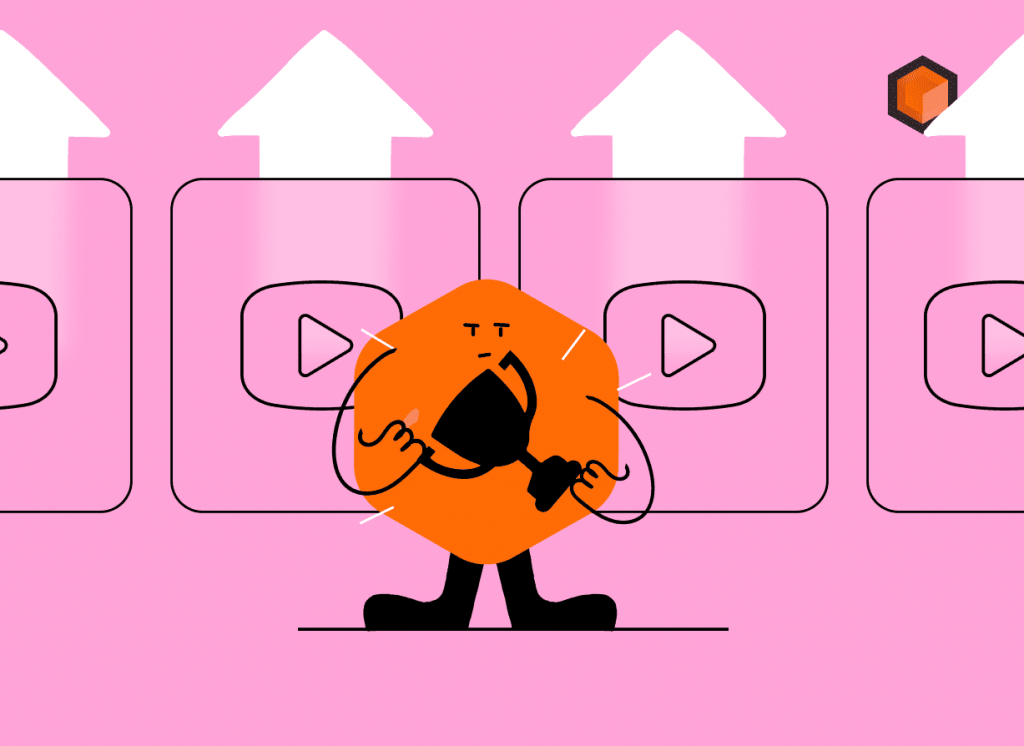 Illustration of a cartoon character holding a trophy in front of a row of video players with rising arrows