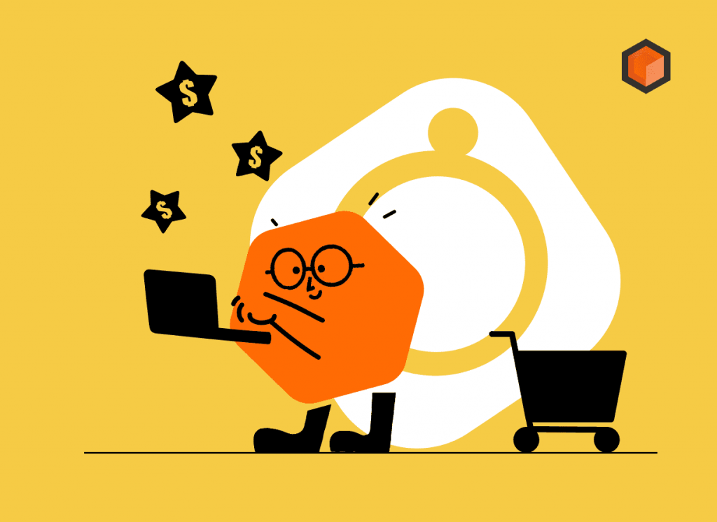 Illustration of a mascot on a laptop beside a shopping cart and dollar-sign stars, with an Instagram icon behind