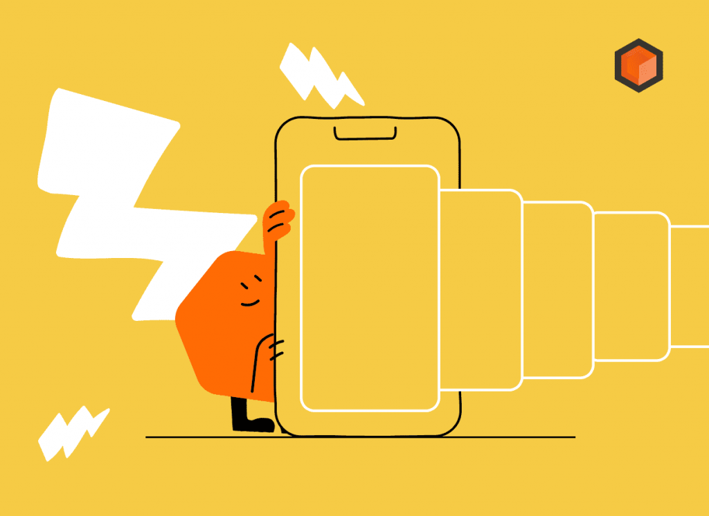 Illustration of a mascot beside a phone with a receding row of blank story cards and lightning bolts