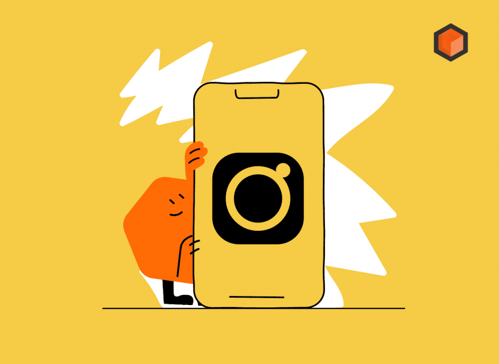 Illustration of an orange hexagon character peeking out from behind a large phone showing the Instagram logo