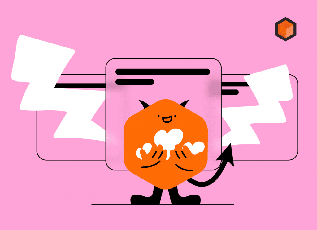 Illustration of an orange hexagon mascot with devil horns and tail cupping white hearts over a blank post card