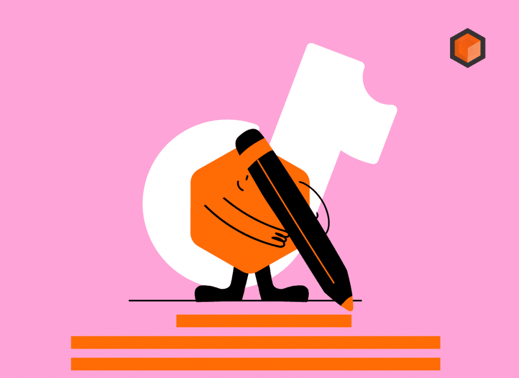 Illustration of an orange hexagon character writing lines of text with an oversized pencil