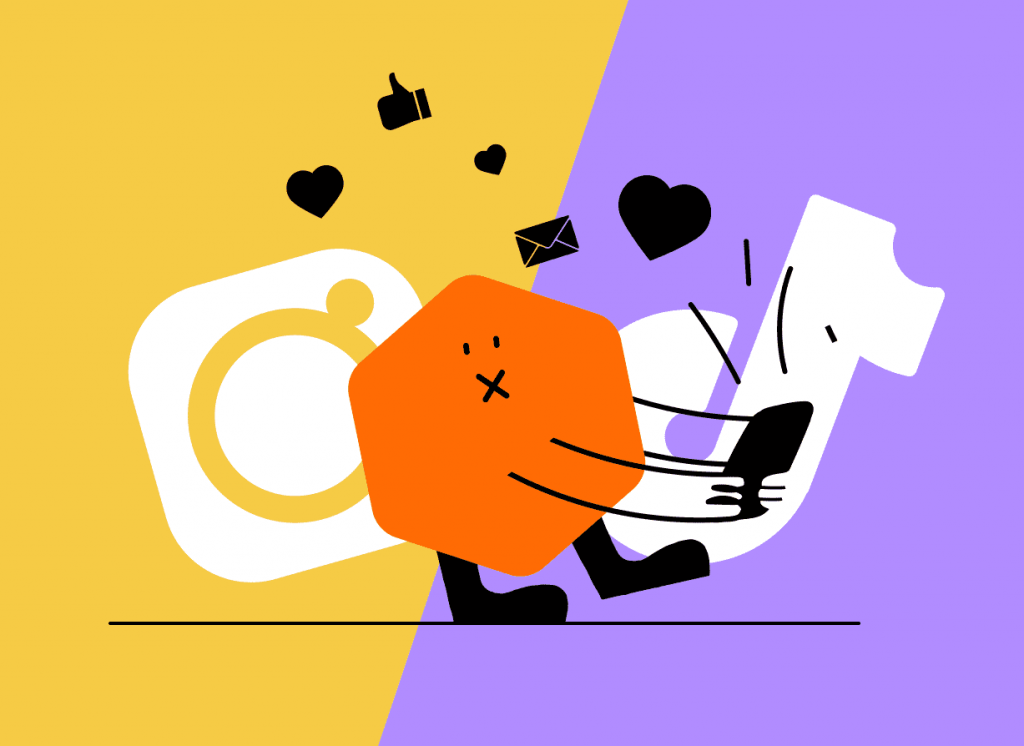 Illustration of a cartoon character standing between an Instagram logo and a TikTok logo, hearts and likes above