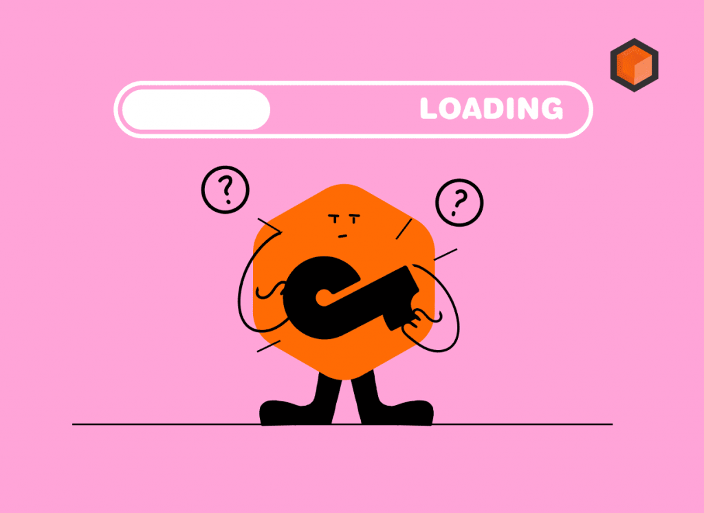 Illustration of a confused orange mascot holding the TikTok logo under a half-filled LOADING bar