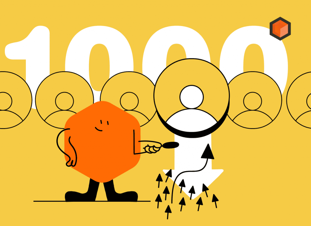 Illustration of an orange mascot tapping follow on a row of profile icons below a large white 1000