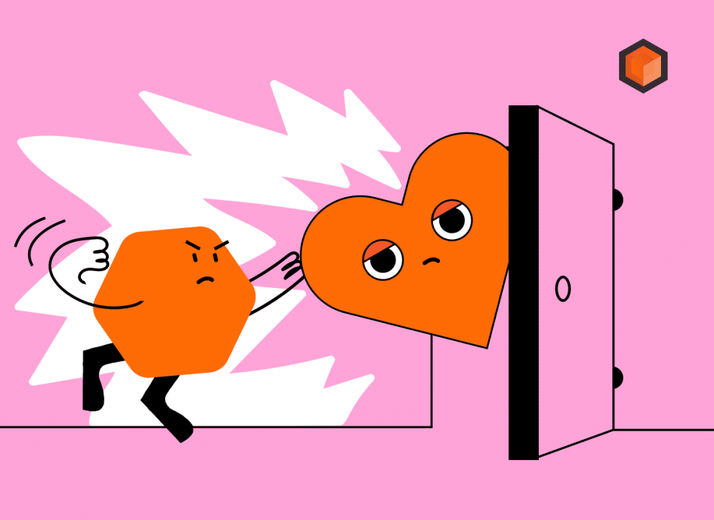 Illustration of a frowning orange hexagon character shoving a big orange heart out through a door