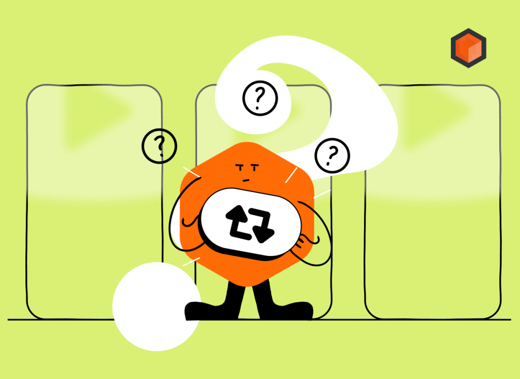 Illustration of a puzzled orange mascot holding a repost icon in front of blank story frames