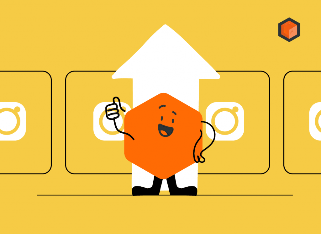 Illustration of a hexagon mascot giving a thumbs-up in front of a rising arrow and a row of Instagram icons