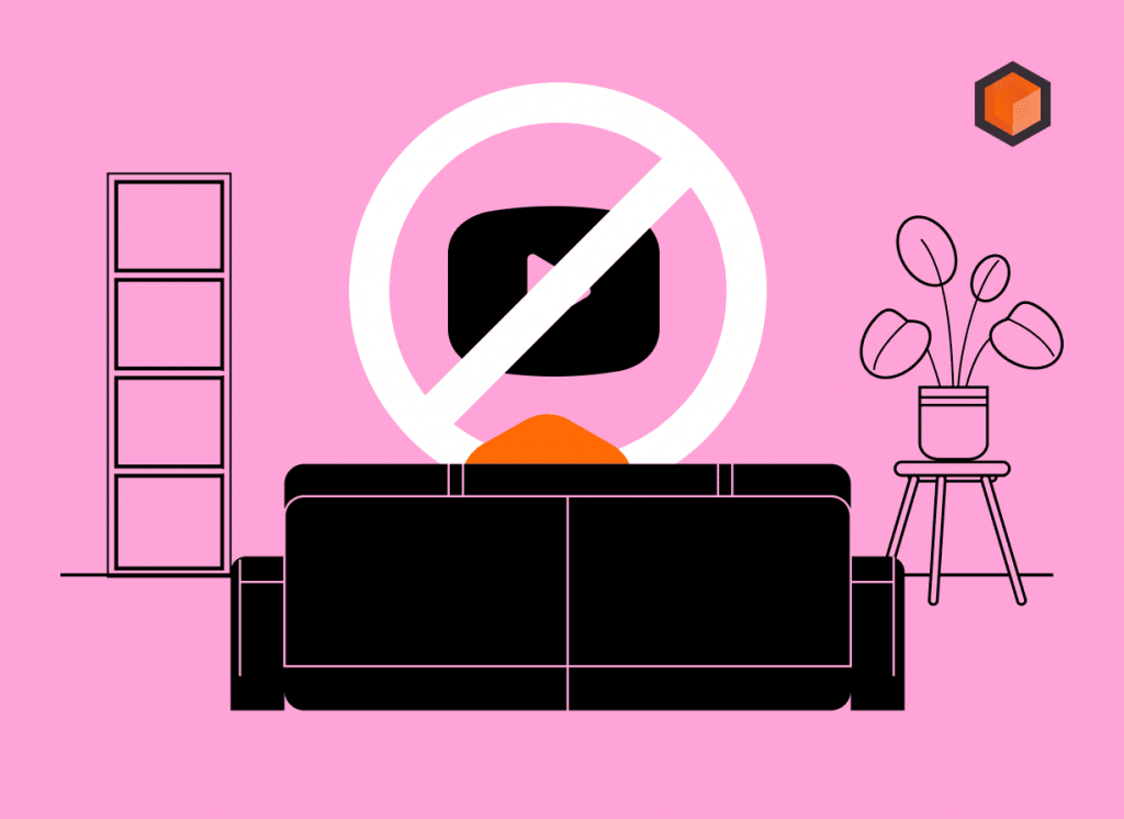 Illustration of a living room sofa with a YouTube play button behind it crossed out by a no-entry sign