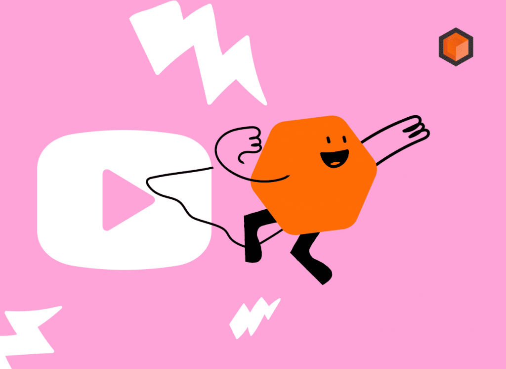 Illustration of a hexagon mascot leaping past a large YouTube play button among lightning bolts