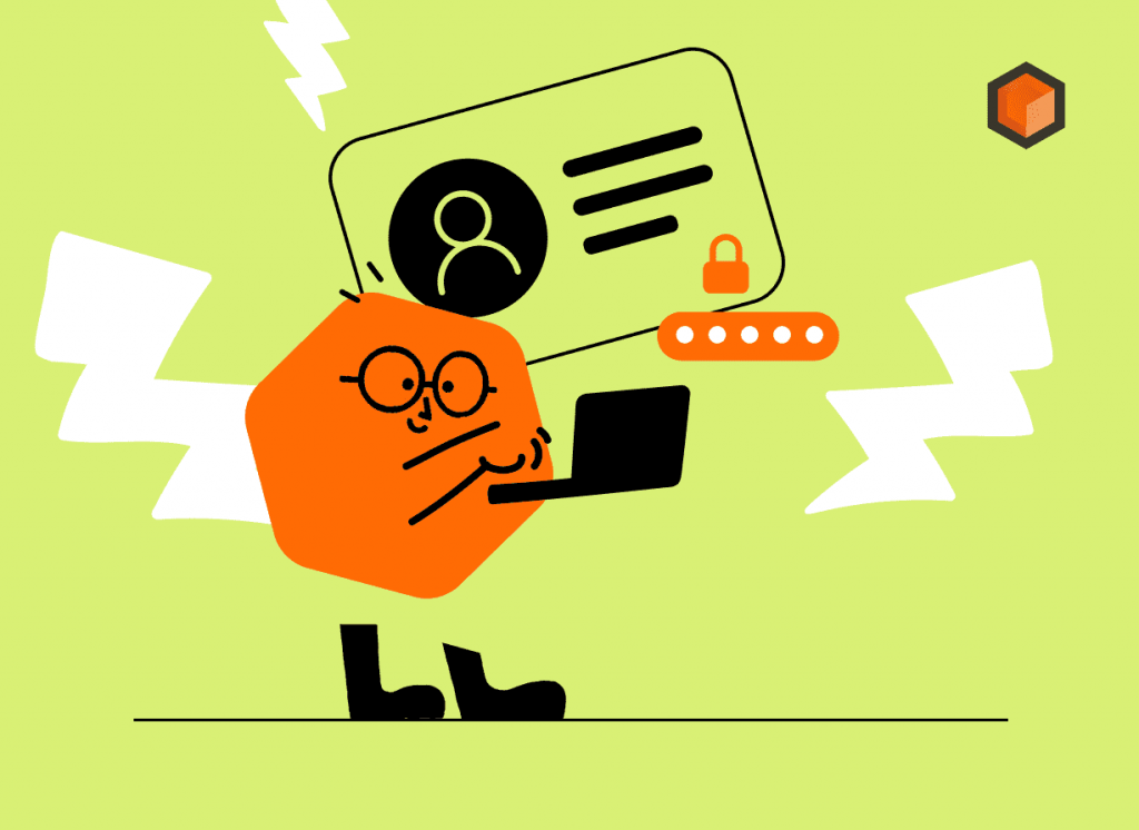 Illustration of a mascot in glasses typing on a laptop beside a profile card with a padlock and password dots