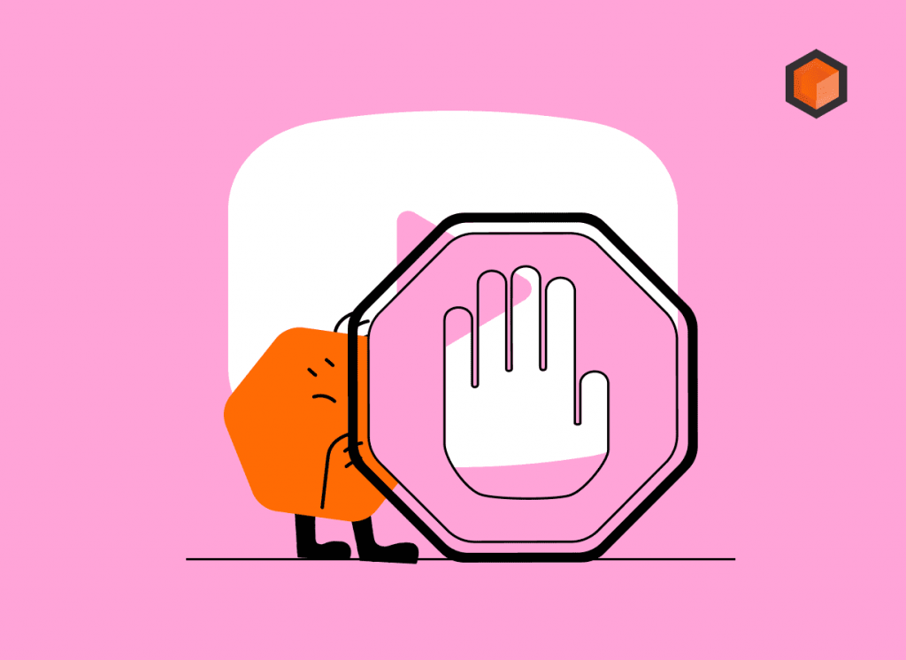 Illustration of an orange hexagon character holding a stop sign with a raised hand over a video play button