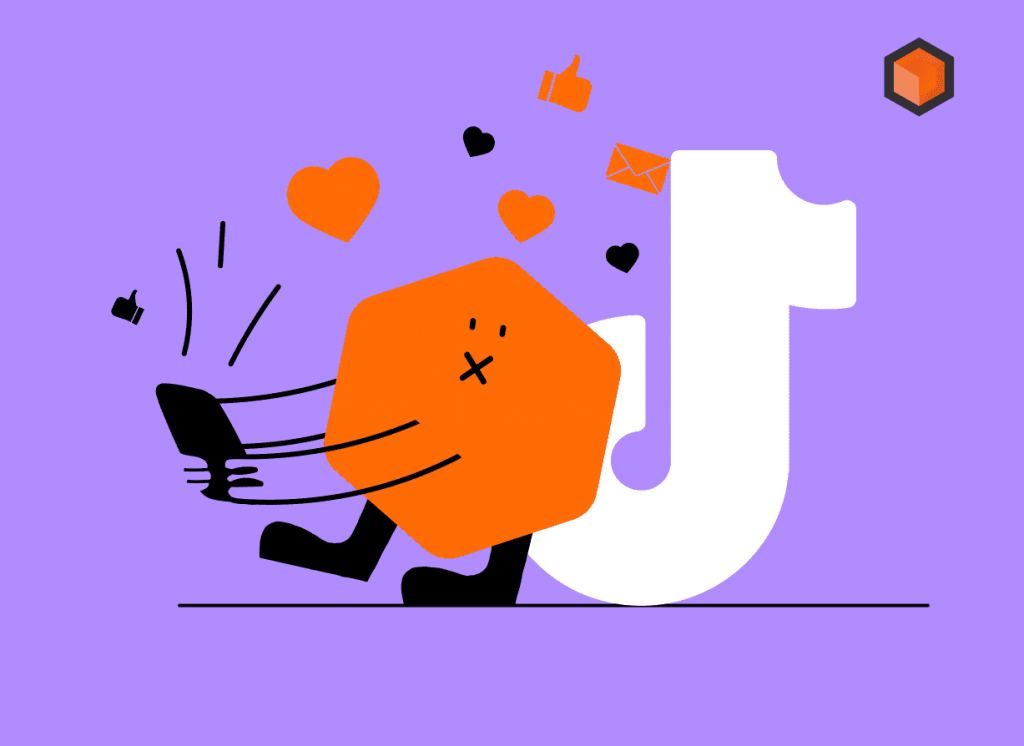 Orange hexagon mascot running past a large white TikTok note, trailed by hearts, thumbs-up and message icons