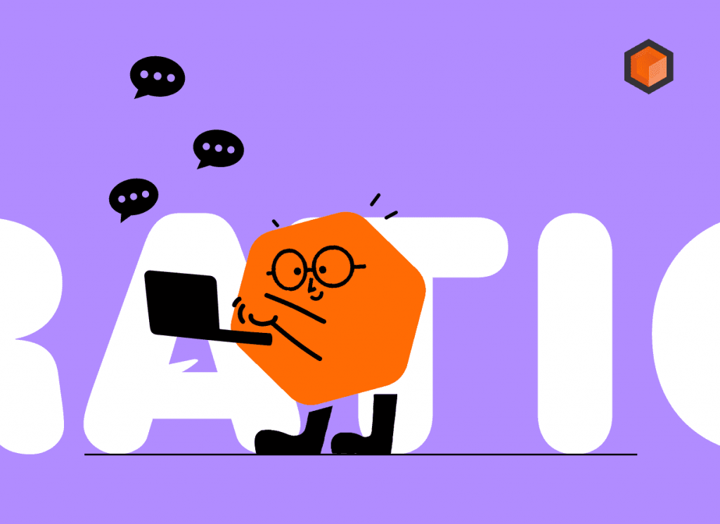 Illustration of an orange cartoon character typing on a laptop as comment bubbles pile up, the word RATIO behind it
