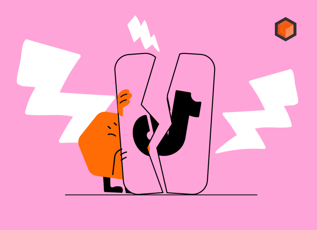 Illustration of an orange character behind a phone cracked in half across the TikTok note, lightning bolts around it