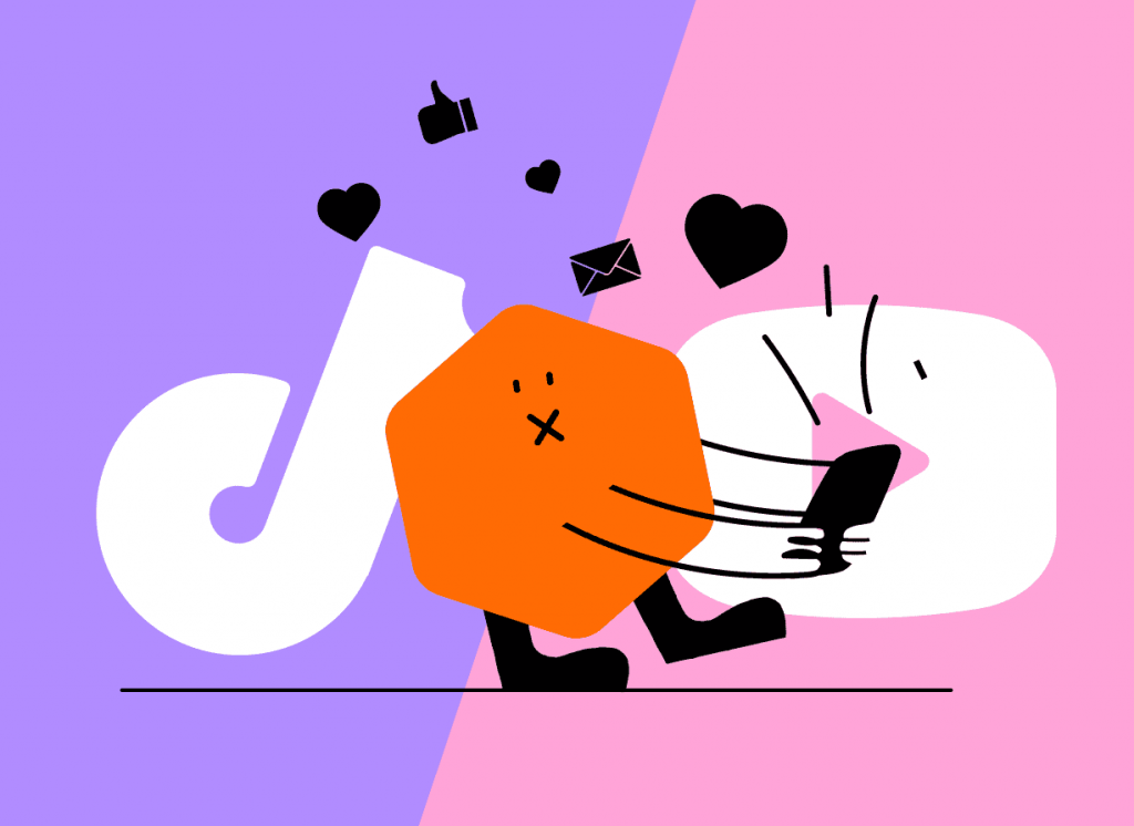 Orange hexagon mascot running between a white TikTok note on purple and a YouTube play button on pink