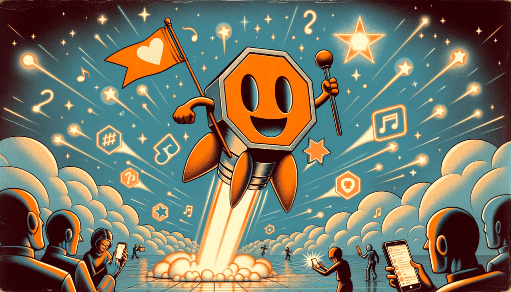 Illustration of a smiling mascot riding a rocket past stars and music notes while a crowd below films it on phones
